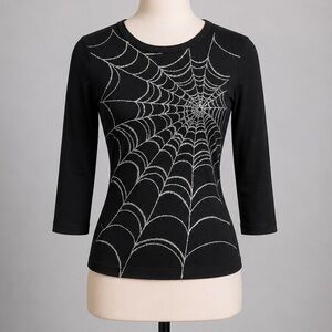 Y2K Glitter Spiderweb Half Sleeve Top Black Size S, Whimsigoth, MallGoth, Emo